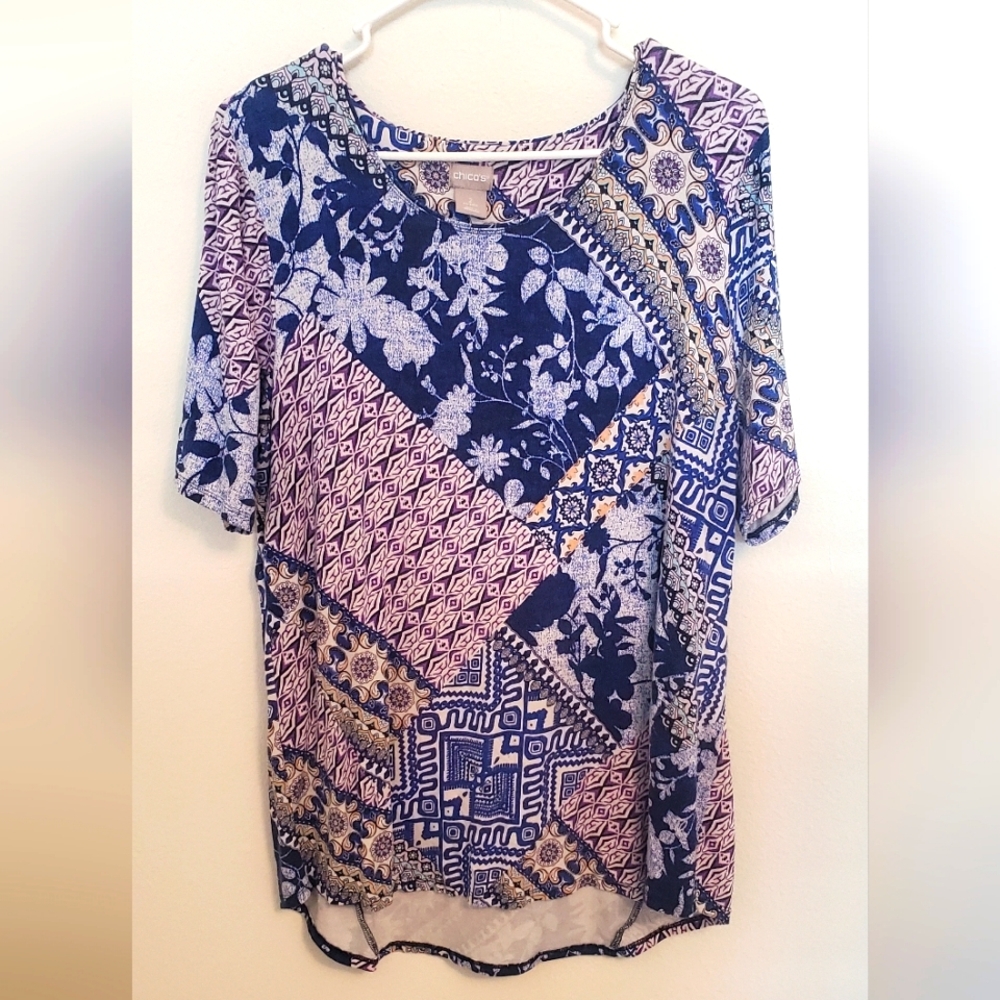 Chico's Size 2 Blue and Purple Patchwork Tunic Blouse Cottagecore Artsy Boho